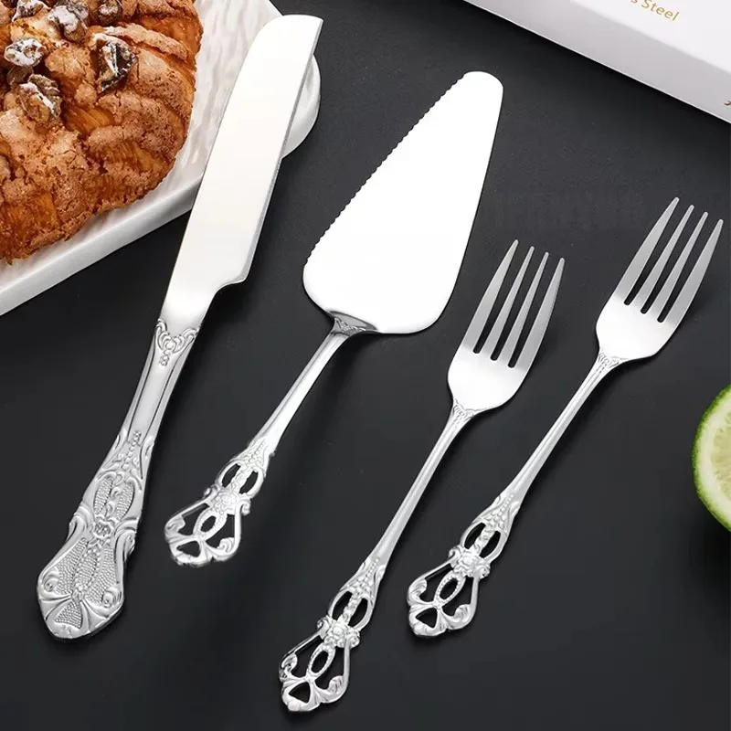 4Pcs Vintage Cutlery Set Stainless Steel Bread Knife Cake Spatula Set Hollow Design Elegant Cake Server Fork Tableware Tools
