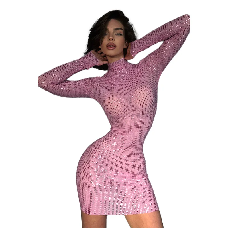 Shiny Beaded Pink Evening Dress Sexy High Neck Full Sleeves Prom Party Dress Casual Holiday Beach Robe Hot Girl Short Mini Skirt