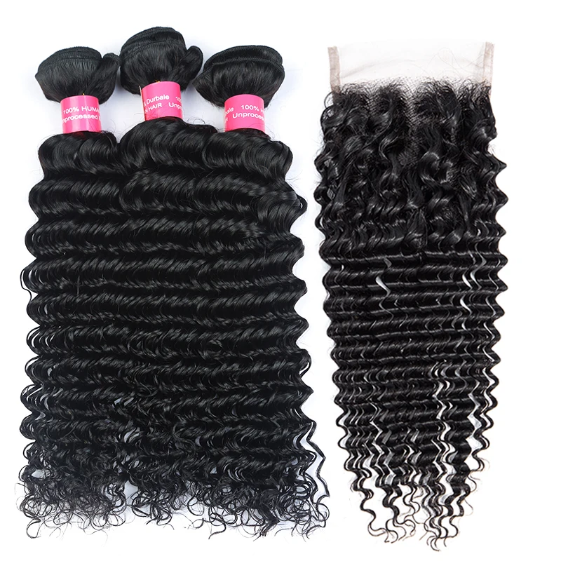 Deep wave bundles with closure Brazilian deep curly human hair weaves with 4x4 lace closure Nature Black