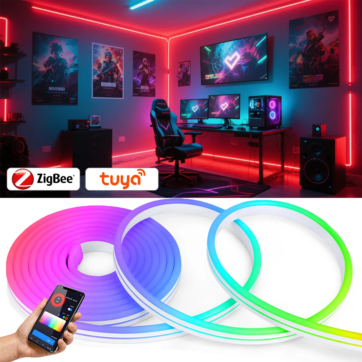 

1-5M Zigbee 3.0 RGB Neon LED Strip Lights 12V Tuya Waterproof Dimmable Flexible Tape TV PC Game Room Ambinet Decorative Light