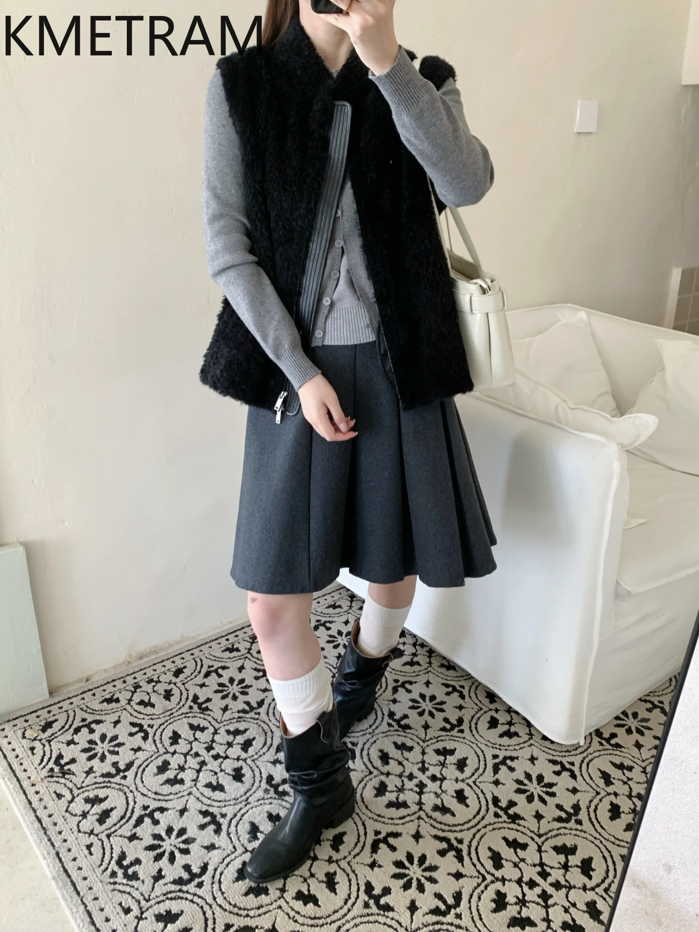 KMETRAM 100% Lacon Sheepskin Wool Fur Vest Woman Short High-End Luxury Jacket Autumn-Winter Simple Clothing 2025 vestes femmes