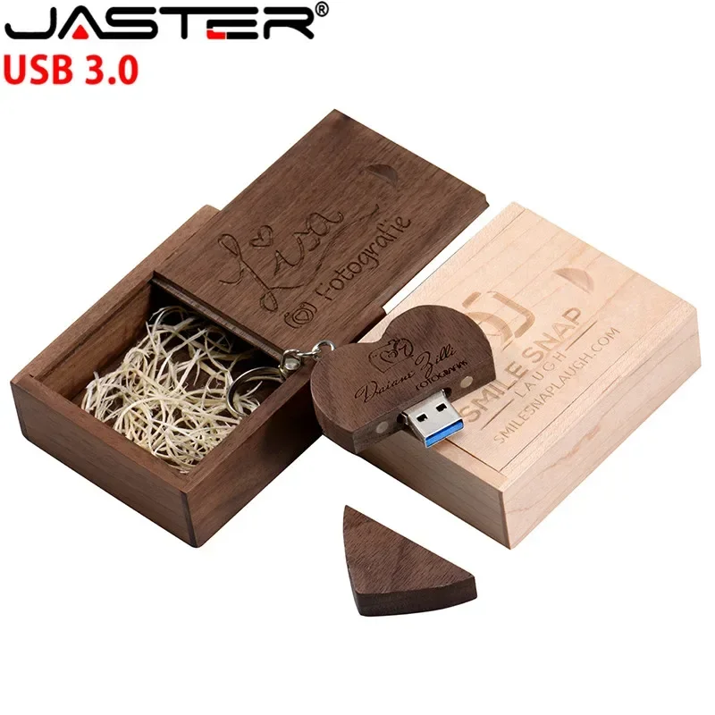 JASTER 64GB Wooden Heart Shape Usb3.0 Packing Box USB Flash Drive Pendrive 4GB 16GB 32GB  Photography Gift Customizable LOGO
