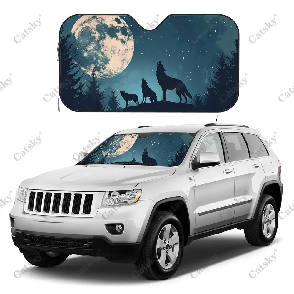 Roaring Wolf Under the Moon Print Car Windshield Sunshade, Auto Accessories Front Windshield Sun Visor Blocks Uv Rays Protect