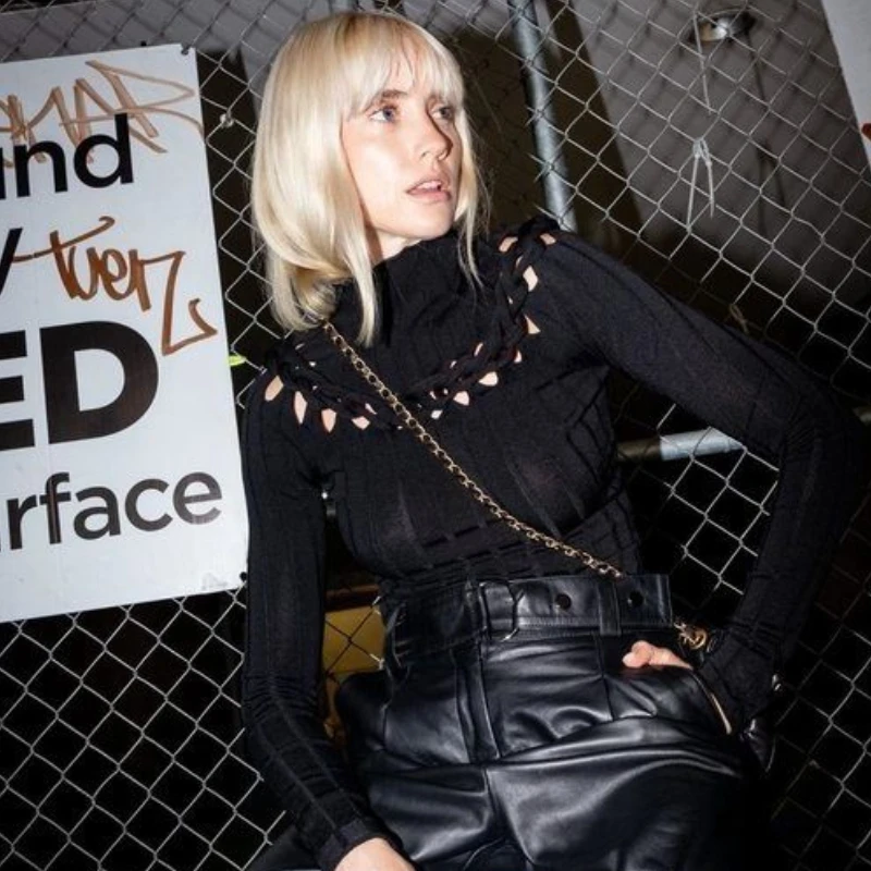 

Женский трикотажный пуловер с длинным рукавом, Модный вязаный пуловер из двух предметов с вырезами на плечах и резьбой