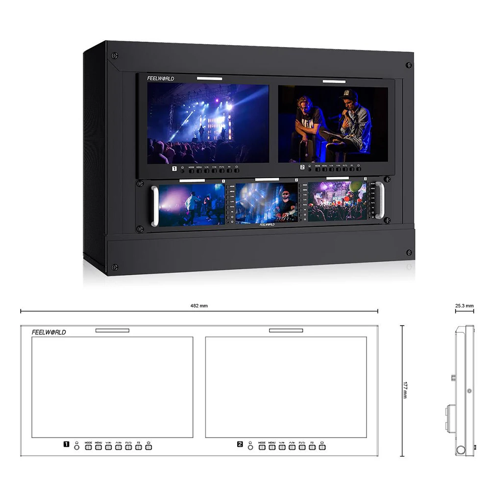 شاشة Feelworld D101 PLUS مزدوجة 10.1 بوصة 4RU Rackmount 4K HDMl SDI 1920x1200 IPS للبث المباشر للحفلات الموسيقية