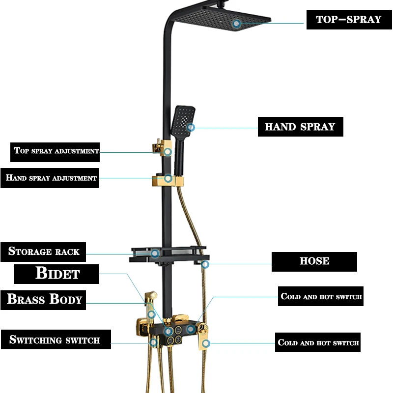 Imagem -06 - Conjunto de Chuveiro de Latão de Parede com Botão Display Digital Sistema Termostato Preto e Dourado Funções Banheiro