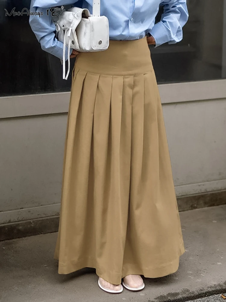 Mnealways18 Khaki Pleated Elegant Skirts Long Women's High Waist Loose Ankle-Length Skirts High Street Lady Zipper A-Line Skirts