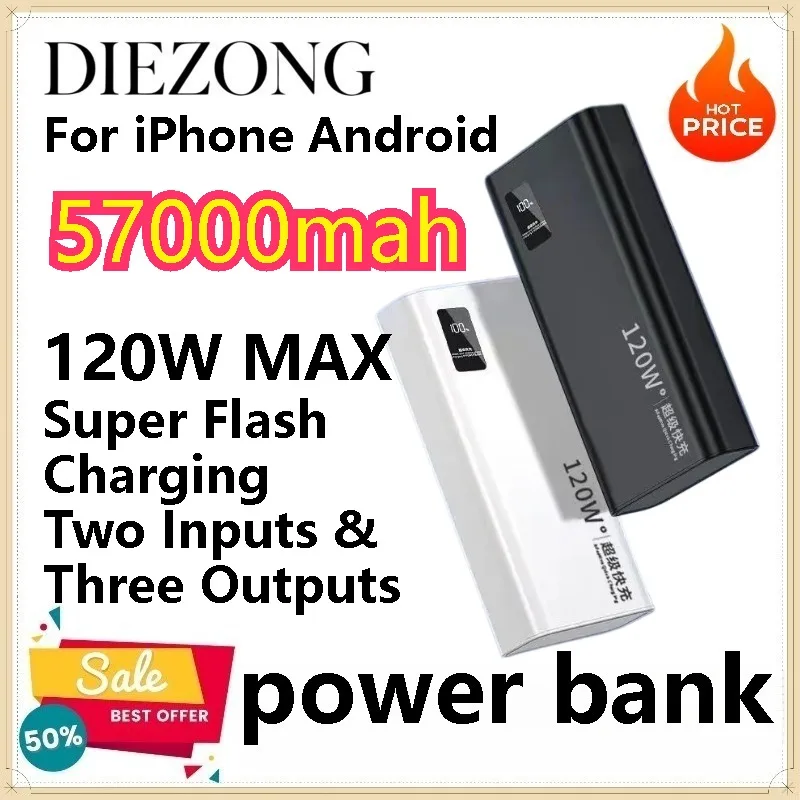 57000mAh 120W Max Super Fast Charging Power Bank Portable External Battery for IPhone Android
