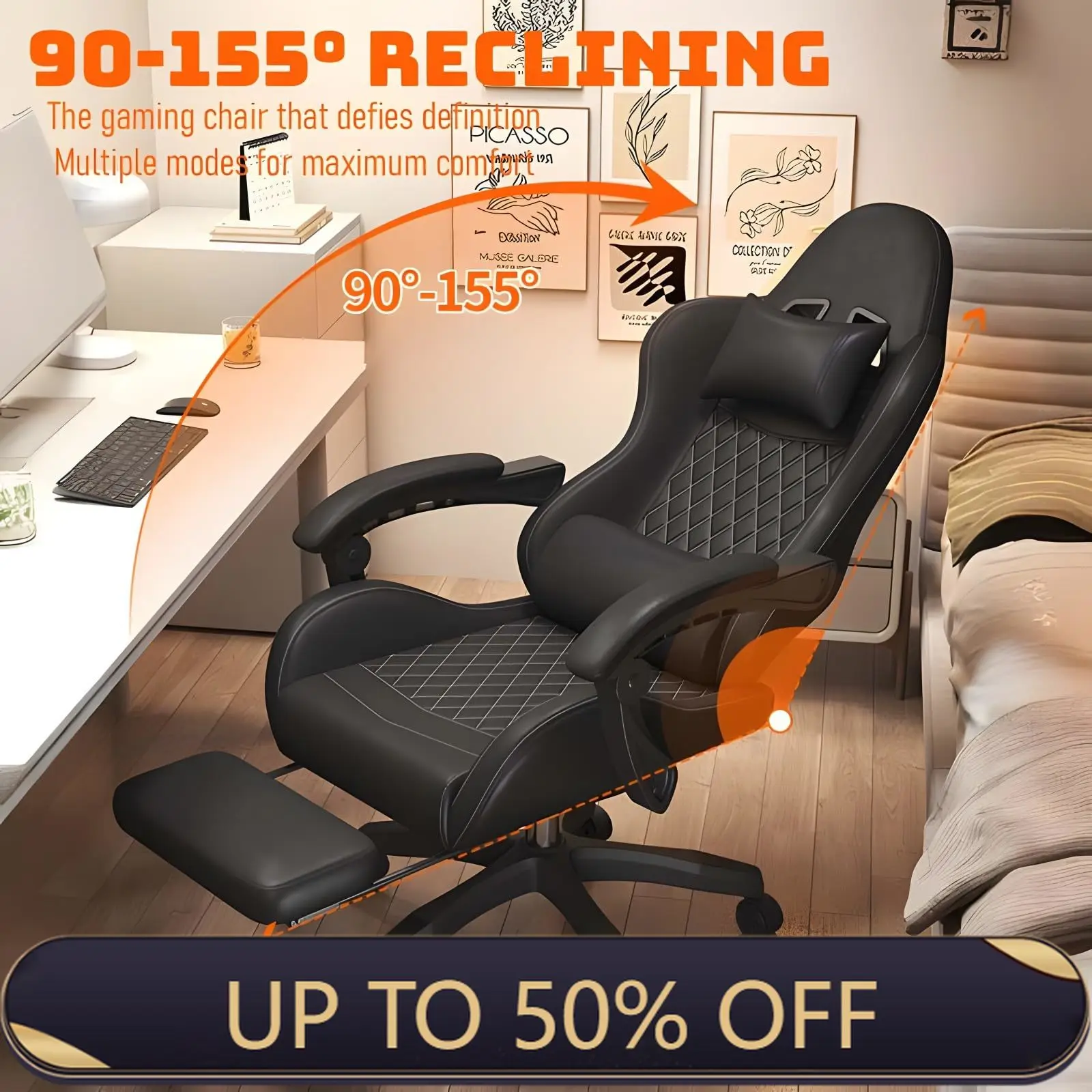 Cadeira de Jogos Grande e Alta em Couro PU, Cadeira Ergonômica de Encosto Alto para Computador com Descanso para os Pés, Suporte Lombar com Massagem para Adultos, Suporta até 350lbs