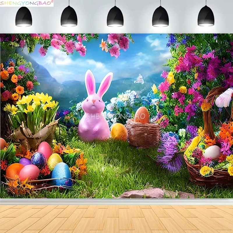 

Spring Easter Egg Butterfly Birthday Party Background Bunny Floral Garden Rabbit Kids Baby Shower Photography Backdrops ES-06