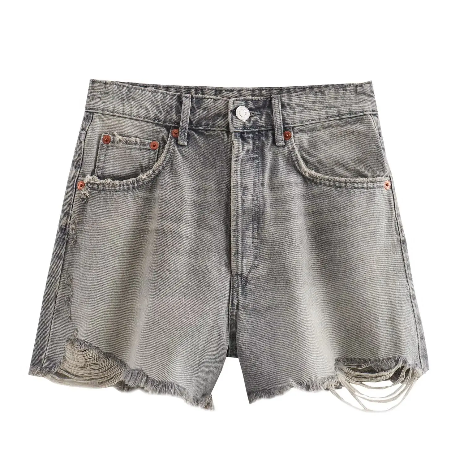 Women\'s New Shorts Fashionable Perforated Decoration High Waist Mini Ragged Edge Denim Shorts