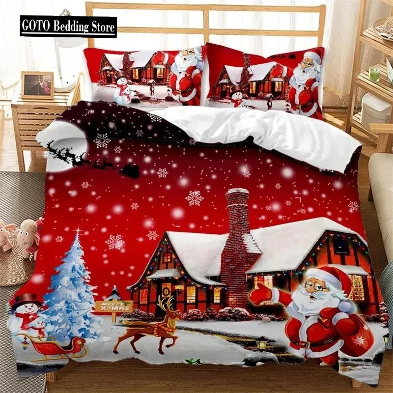 

Red Christmas Duvet Cover Santa Claus Snowman Twin King Bedding Set Microfiber Cartoon Comforter Cover With Pillowcases