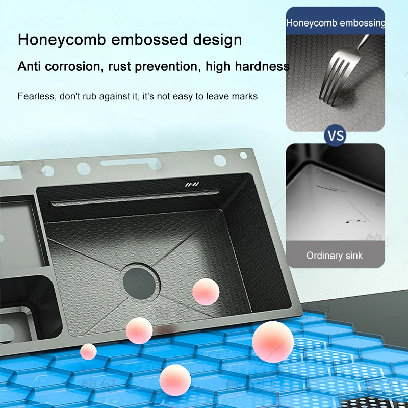 New Trend Black Smart Kitchen Nano Honeycomb Stainless Steel Sink with Waterfall Faucet for Hotel Undermount Kitchen