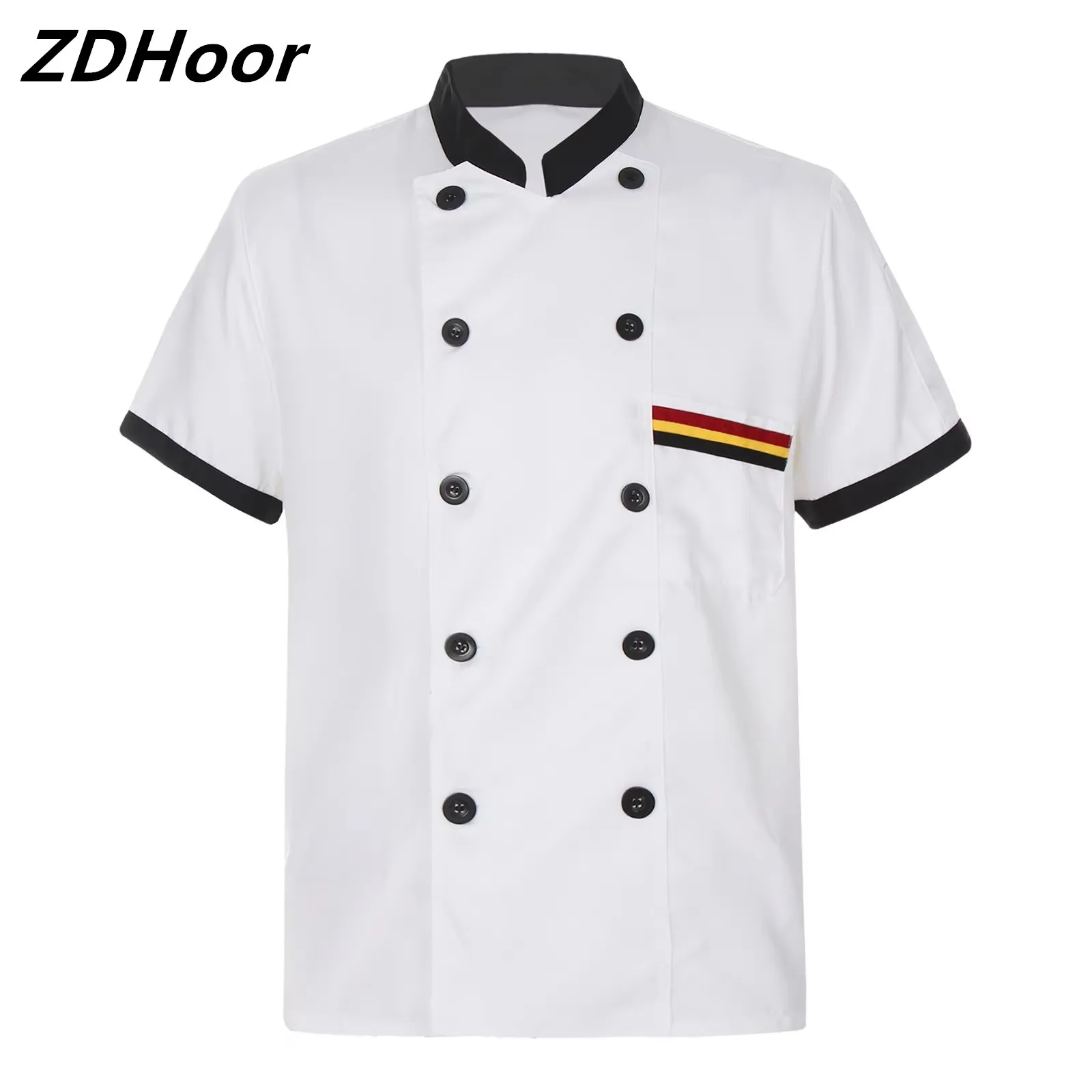 Adult Chef Coat Mens Womens Short Sleeve Contrast Color Stand Collar Cooks Shirt Uniform Food Service Kitchen Costume