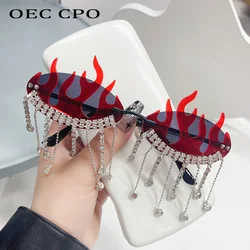 Diamonds Fire Flame Sunglasses Women Luxury Rhinestone Fashion Rimless Eyewear Female Wave Shades Shiny UV400 Sun Glasses Men