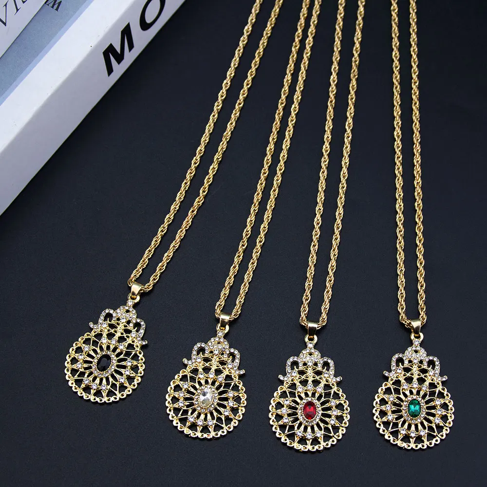 Sunspicems Gold Color African Hollow Flower Pendant Necklace For Women Arabian Bridal Jewelry Crystal Party Necklace