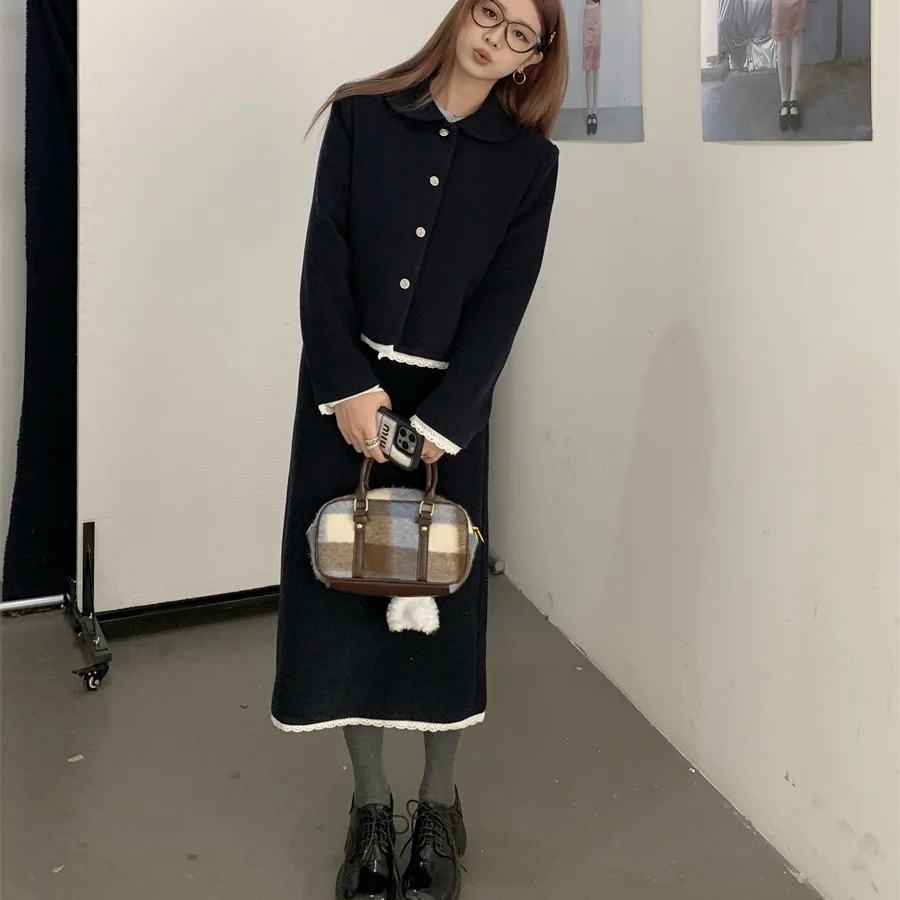 Chic Winter Outfit for Women Cotton Woolen Coat with Lace Trim Elastic Waist Midi Skirt Doll Collar Two Piece Set Chinese Brand
