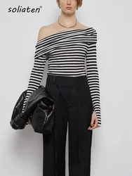 Spring Autumn Off Shoulder Women Striped Sweaters Elegant Vintage Iyocell Tencel Knitted Jumper High Stretch Top C-194