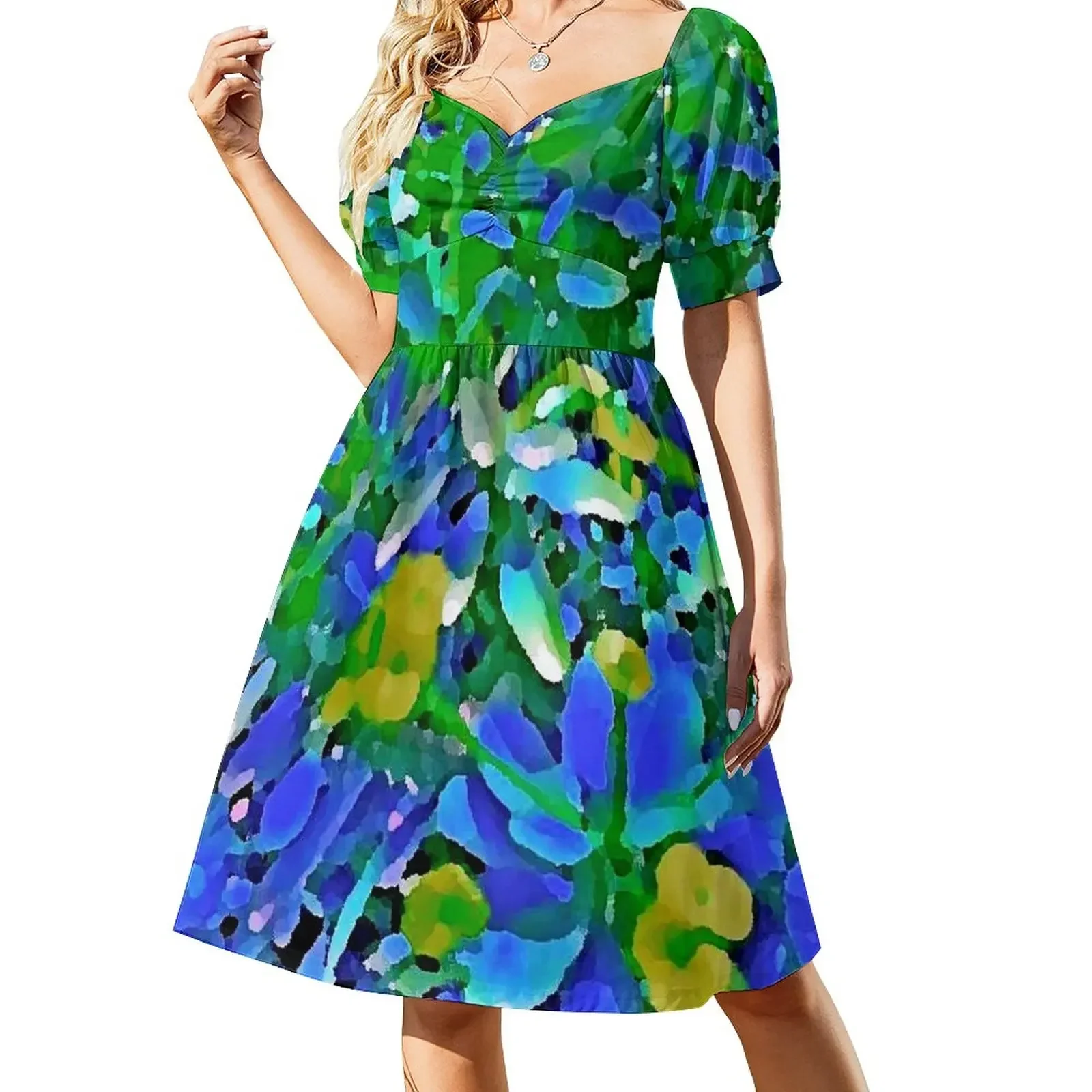 

Abstract flowers Blue Green Yellow pattern by Iritof Short-Sleeved Dress dresses for womens 2025 Dress