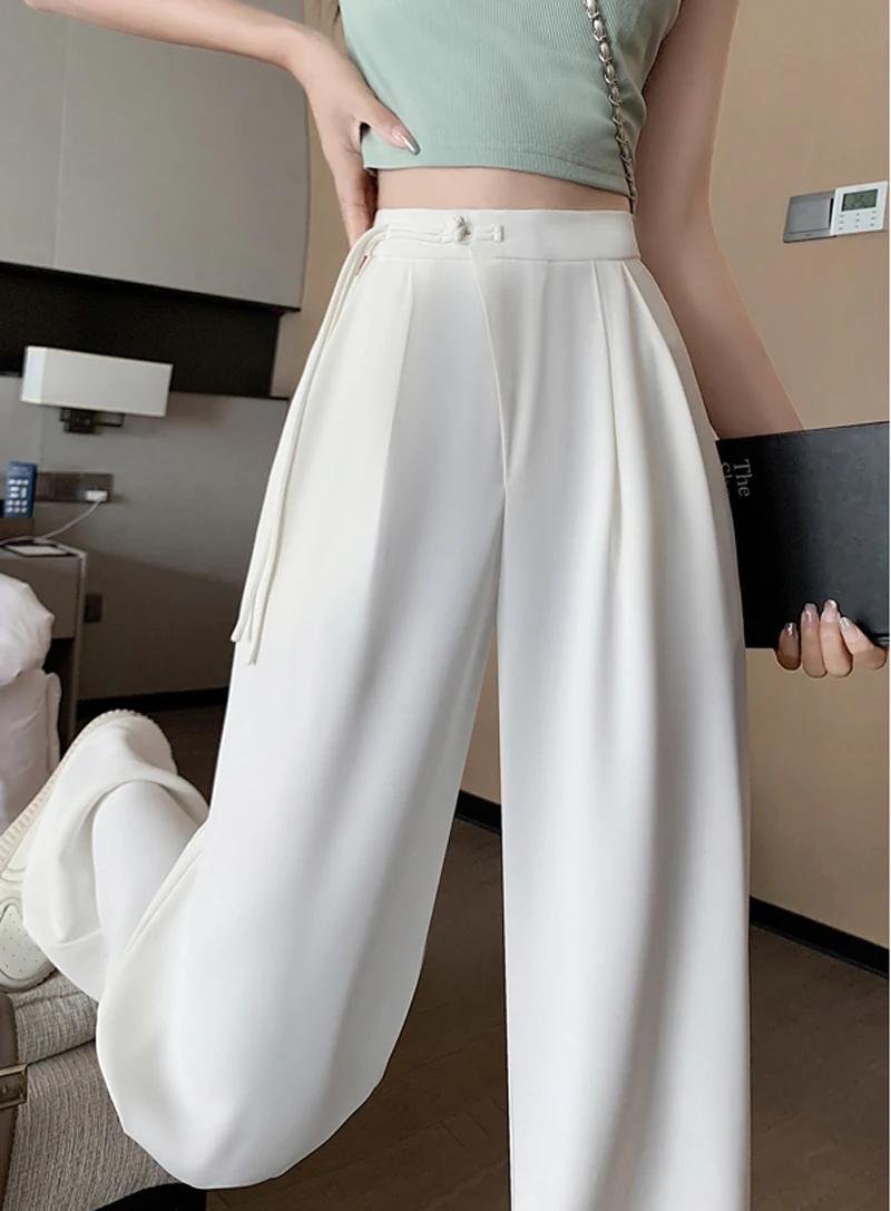 

HappyLisa Summer Ladies Women Suit Pants Wide Leg High Waist Chinese Knot Button Loose Pant Female Casual Chic Trousers P26