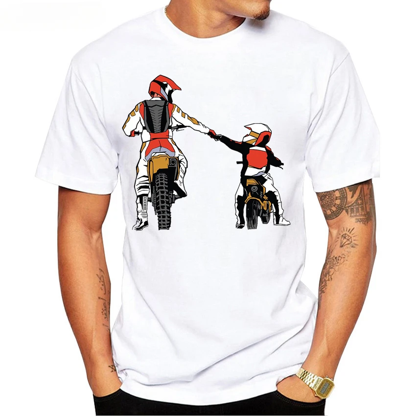 Father Takes Son Ride A Motorcycle Print T-Shirt Summer Men Short Sleeve Funny Bike Soprt White Casual Tops Hip Hop Tees