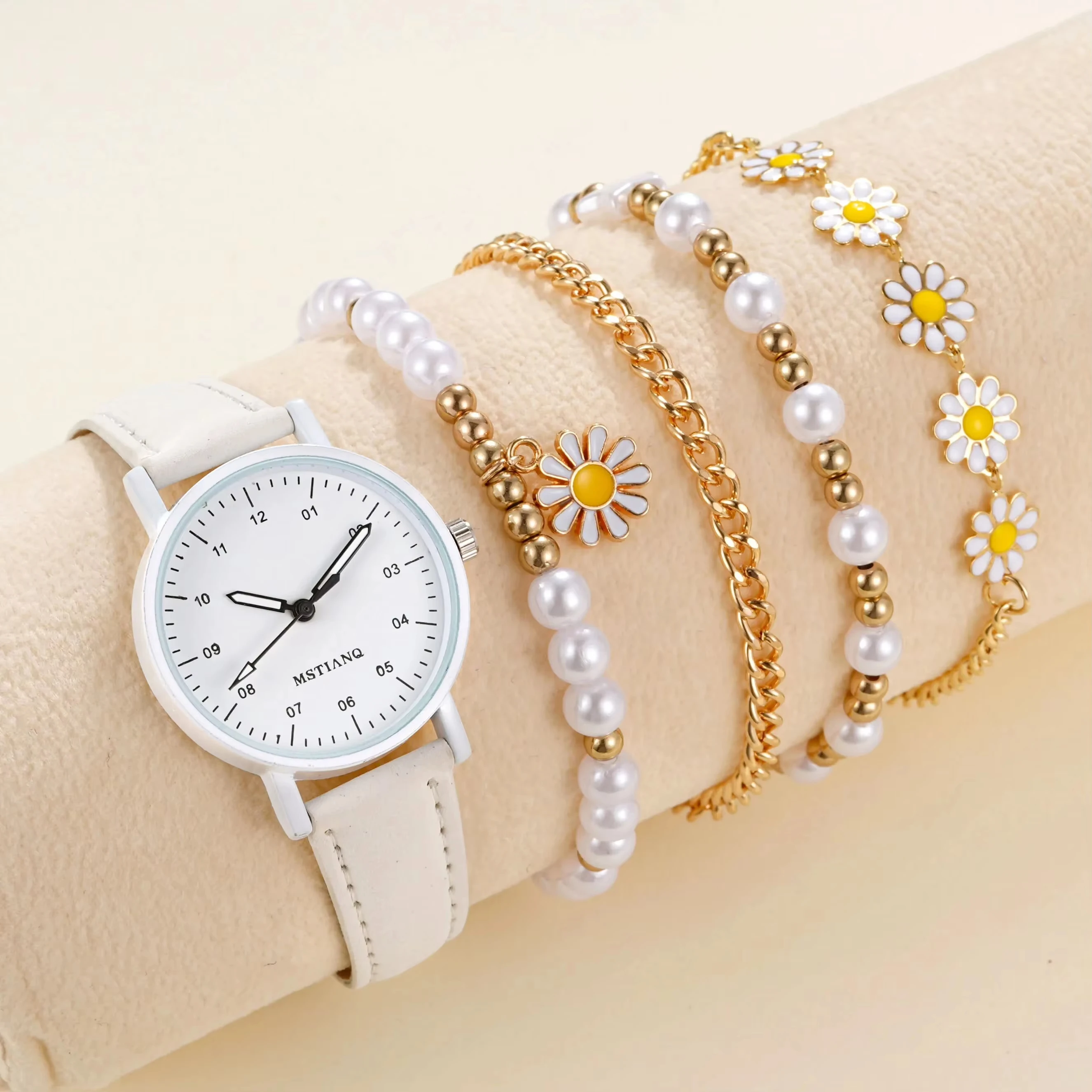 5pcs Set Of New Girls Lovely Creative Pentagram Daisy Pearl String Handmade Bracelet Watch Set Ladies' Watch