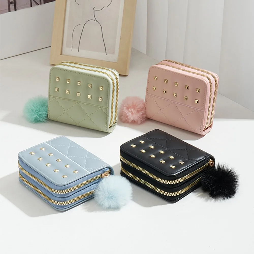 

Causal Rivets Women Long Purse Soft Plush Ball PU Leather Woman Clutch Wallet Soft Multi-card Slot Square Card Bag Outdoor