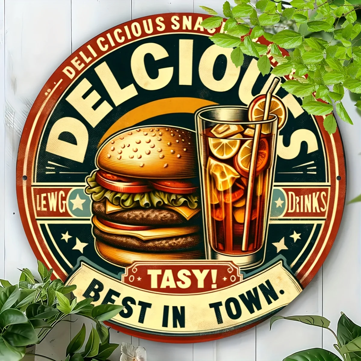 [2D Flat] Rundes Blechschild im Vintage-Stil „Hamburger“ – 7,8" Aluminium-Wandkunst mit klassischer Burger- und Getränkeillustration, perfekt für