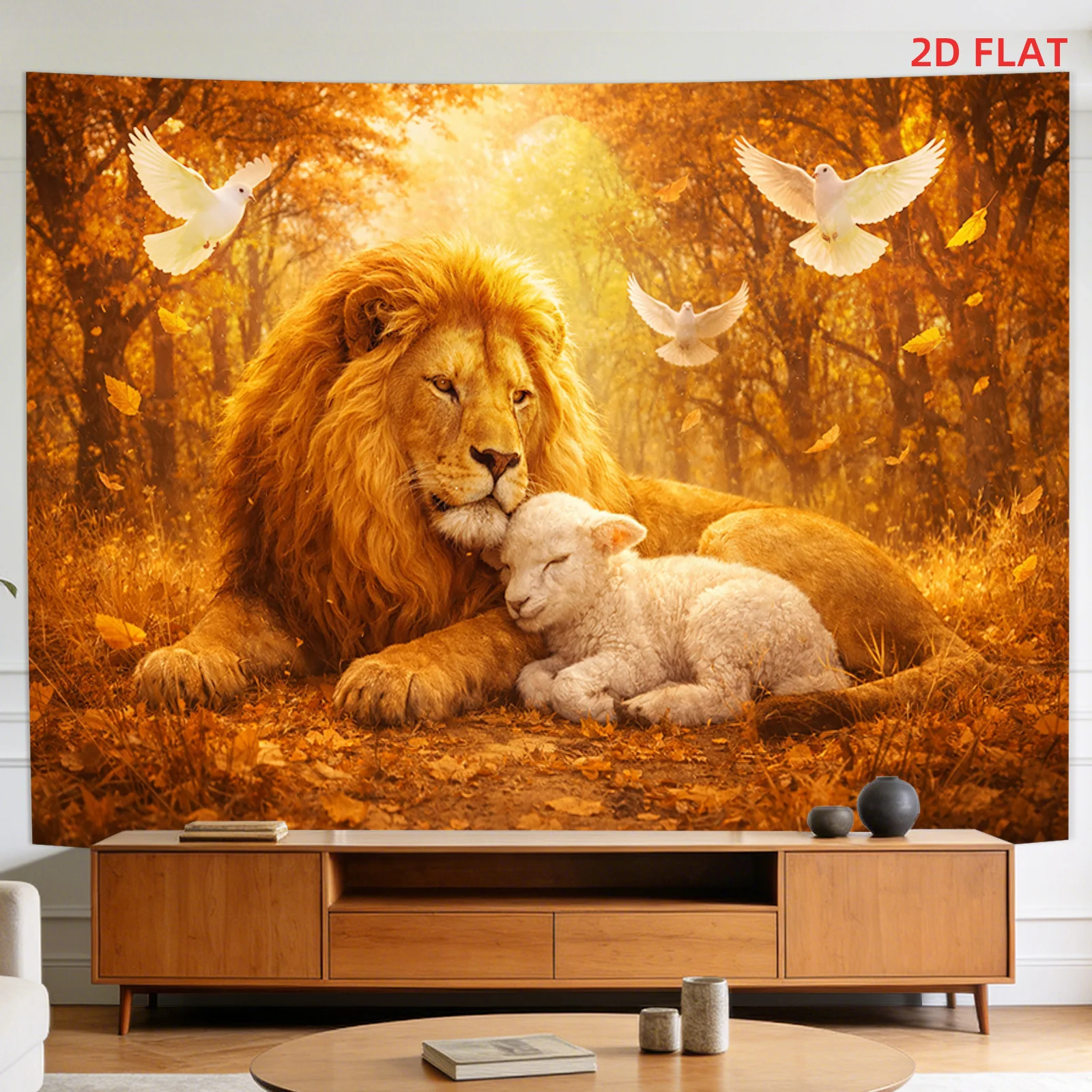 Lion and Lamb Tapestry with White Doves and Autumn Leaves on Golden Forest Background 180x280cm Wall Decor