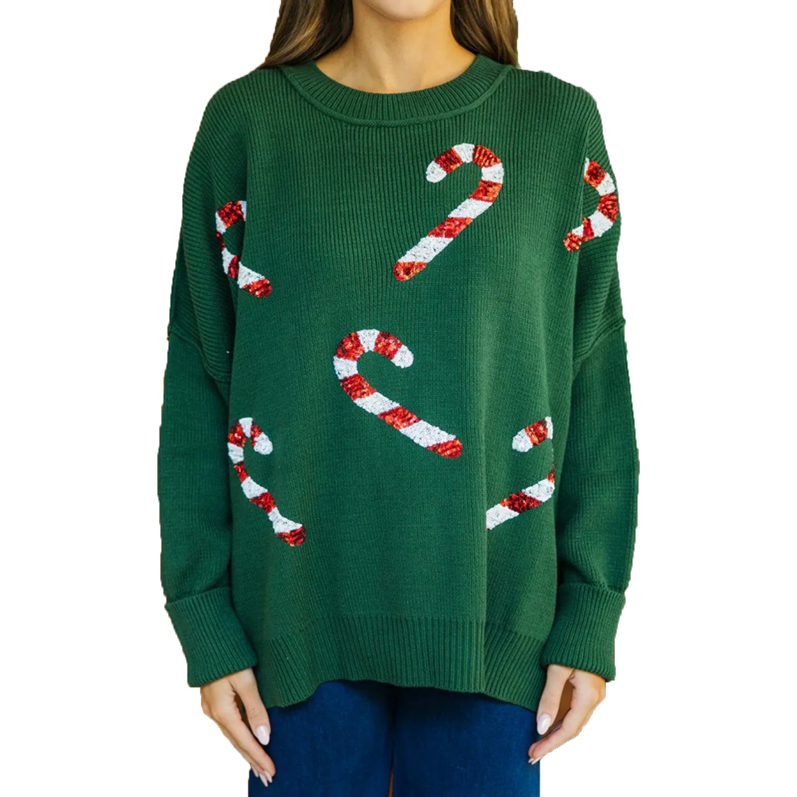 Women Christmas Sequin Knit Sweaters Loose Pullover Sweater Long Sleeve Crew Neck Top Funny Graphic Xmas Knitwear