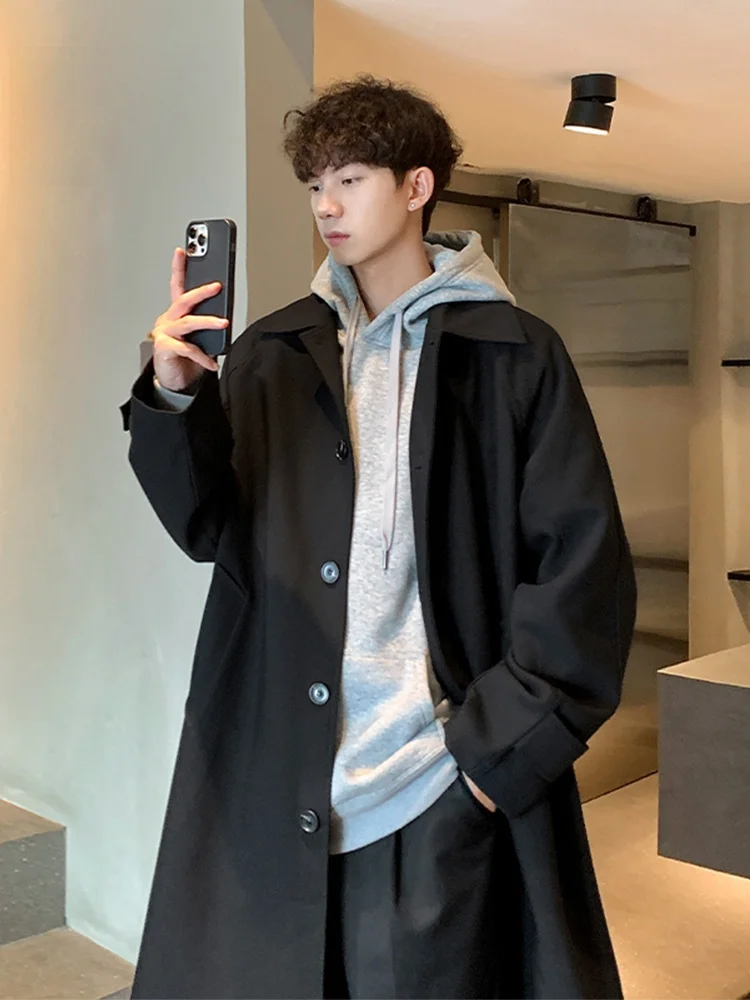 

Модное корейское мужское пальто до колен с длинными рукавами, приталенное, молодежное, из полиэстера, ветрозащитное