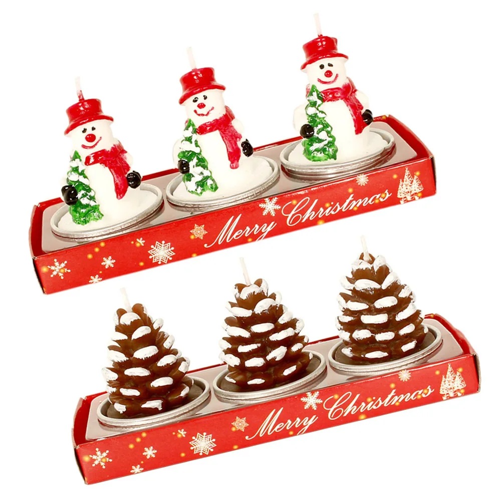 

3Pcs Christmas Paraffin Material Pine Cone Snowman Design Decorative for Christmas Party Home Table Decoration
