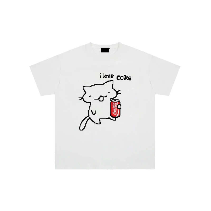 Nueva camiseta de manga corta de algodón informal holgada y cómoda con estampado de gato Coca-Cola American High Street Niche para hombres y mujeres