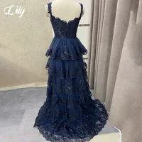 Lily Navy Blue A Line Formal Dress Tiered Sweetheart Party Dress Pleats Spaghetti Strap Special Occasion Dress 프롬 드레스 Customized 6