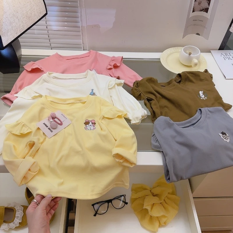 Baby Girls Ruffle Long Sleeve Top Cartoon Embroidery Kids Basic Undershirt Cute Casual Spring Autumn Toddler Blouse Children