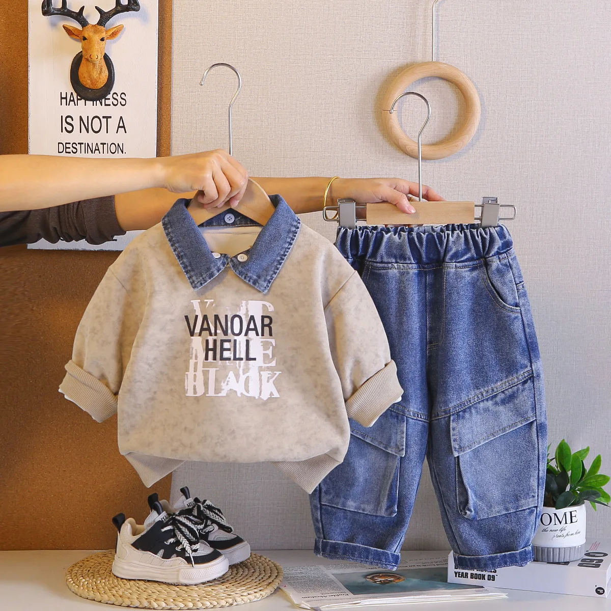 Toddler Boys Designer Luxury Clothes 0-5 Years Korean Fashion Turn-down Collar Long Sleeve Tops and Pants Kids Fall Clothing Set