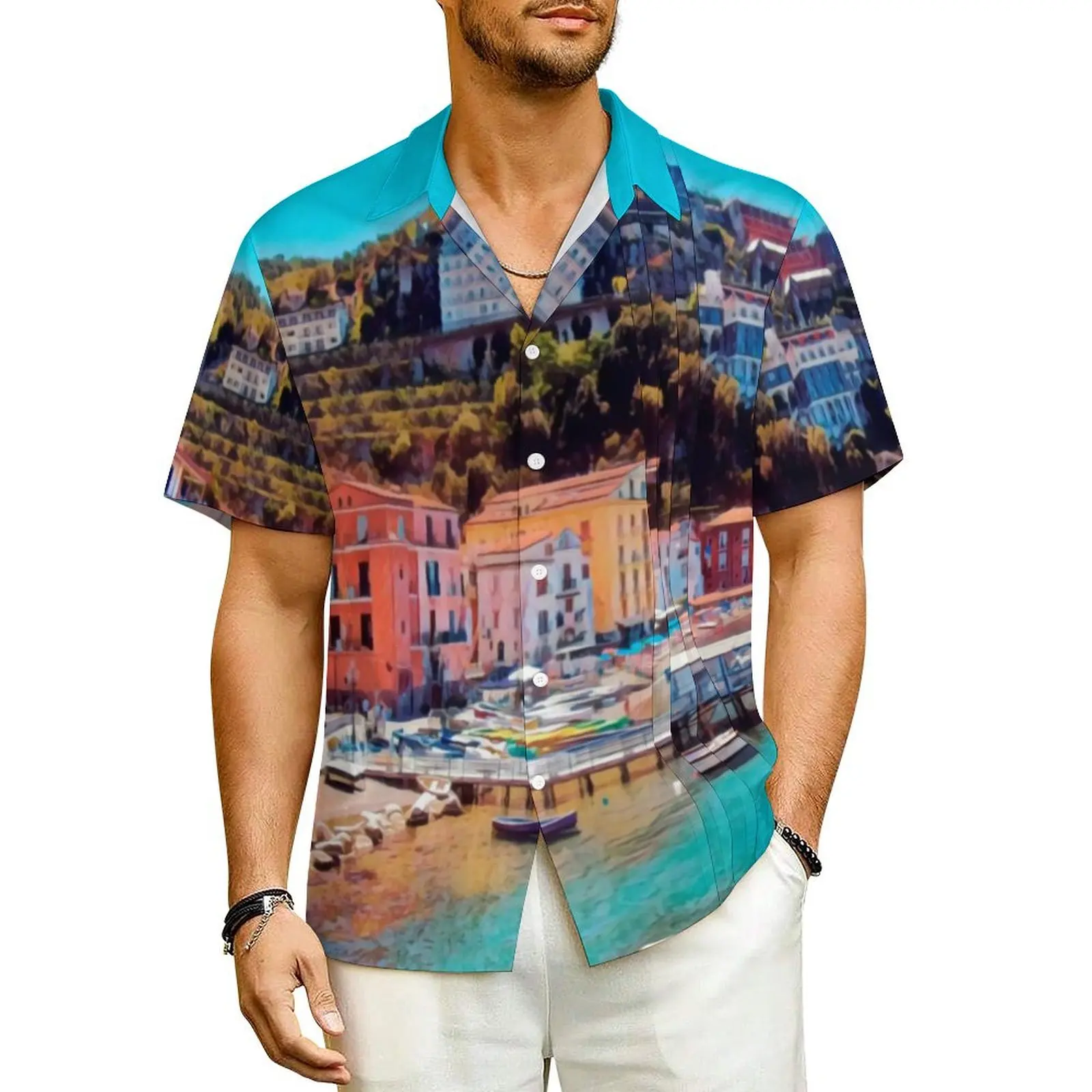 

Panorama Beach Beach Shirt Coast Print Hawaiian Casual Shirts Men Loose Blouses Short Sleeve Comfortable Design Tops