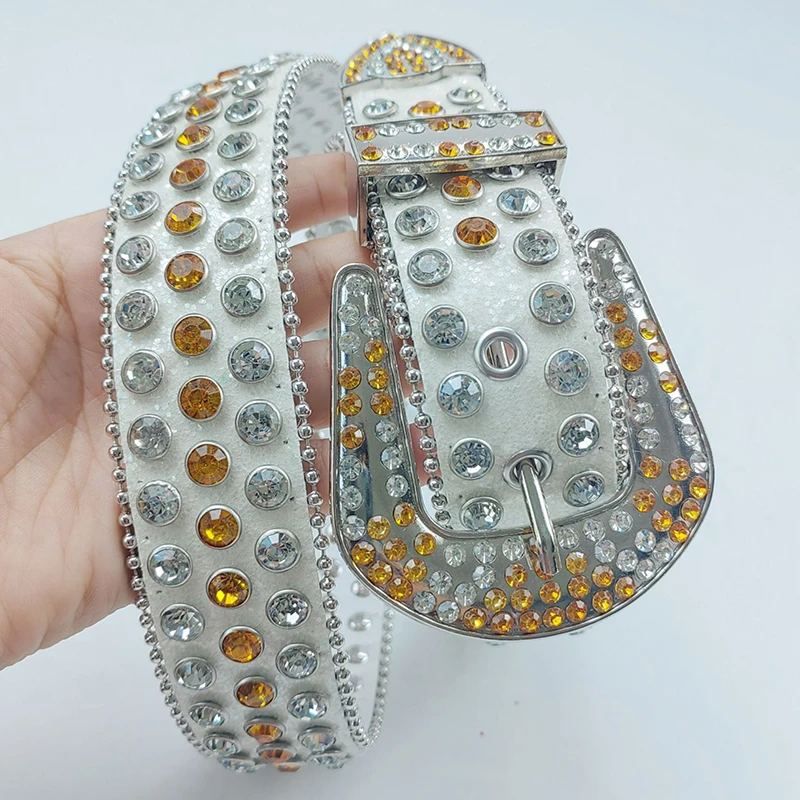 

men's casual party prom rhinestone belts white soft leather diamond studded belt pin buckle trendy waistband women designer sash