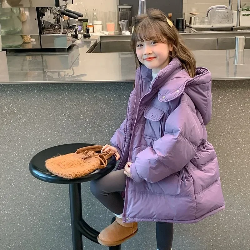【2025 Winter】Tweens Girls' Thickened Padded Coat - Korean Style Fitted Waist Mid-Length Winter Jacket for Ages 8-12, Purple