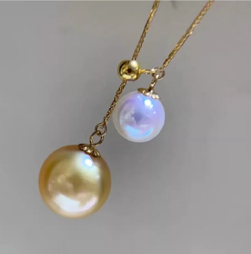 Large AAAAA 10-11mm South China Sea Round Gold White Pearl Pendant Necklace 18 