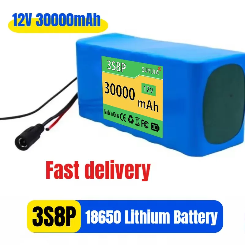 3S8P 100% New Battery Pack 12V 30000mAh 18650 Lithium Battery Protection Panel, Used for Small Inverter Lights+BMS