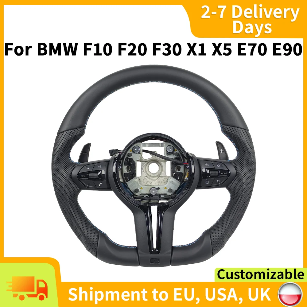 Flacher M Sport Lenkradbezug für BMW F20 F21 F22 F25 F26 F30 F31 F32 F33 F34 F36 M3 F01 F06 F10 F11 F12 F80 M4 F82 M5 F90 Schwarz Chrom Fat Style