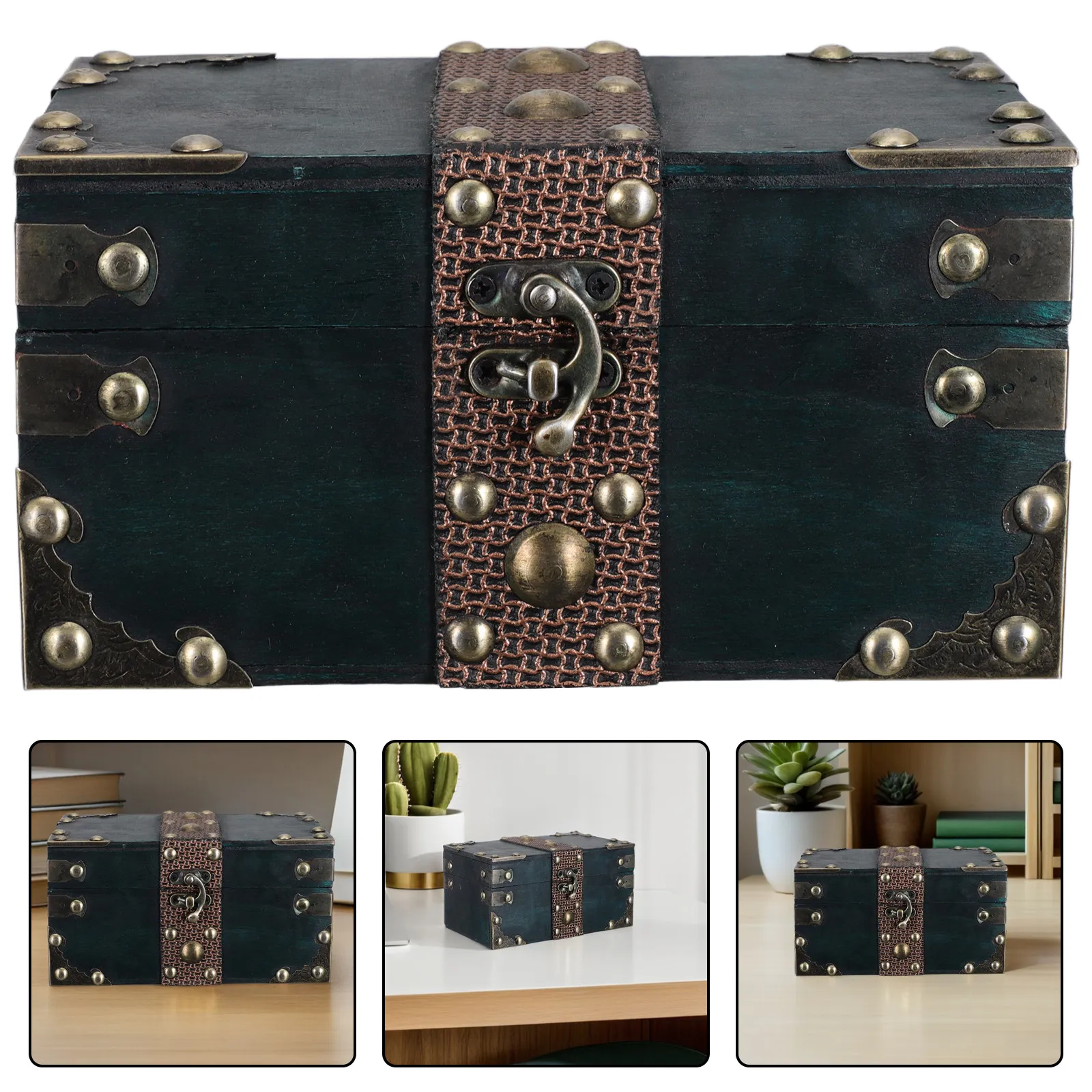 

Wood Vintage Treasure Box Jewelry Storage Chest with Lock Rustic Decorative Small Keepsake Photo Necklace Holder Retro Desktop