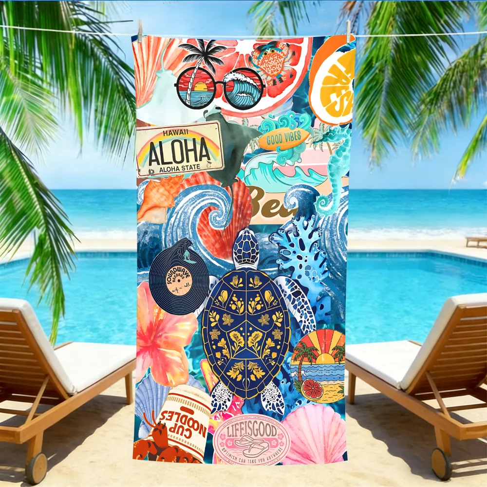 Aloha Hawaii Beach Towel – Oversized Quick Dry Sand Free with Retro Surf & Turtle Print for Tropical Getaways