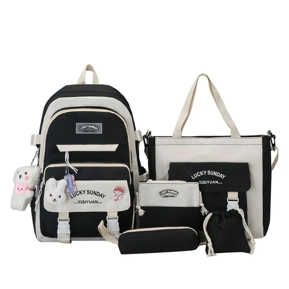 5 Pcs Cute Large Capacity Backpack Set Multifunctional Buckle Student Schoolbag Breathable Crossbody Bag College