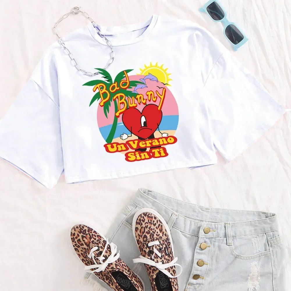 Bad bunny un verano sin ti camiseta feminina colheita topos meninas o-pescoço manga curta casual solto camisas de música fãs presente