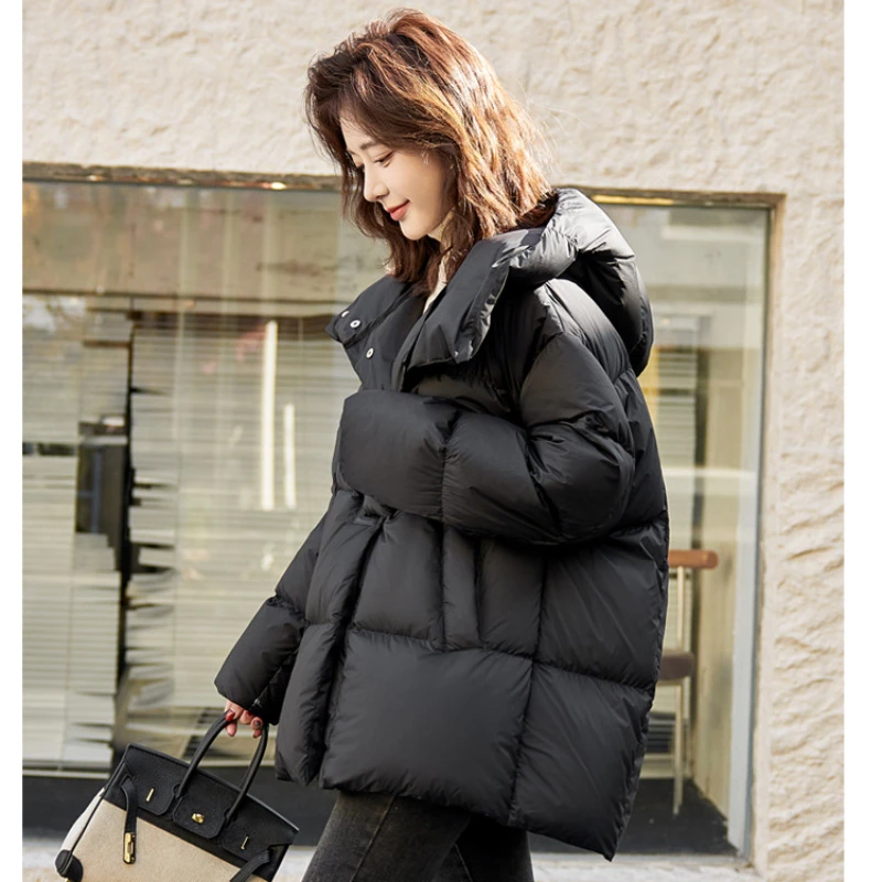 Women\'s Mid-length Hooded Down Jacket, Women Winter Coats, Thick, Casual, Loose, Warm Outerwear, Korean Fashion, Button Design