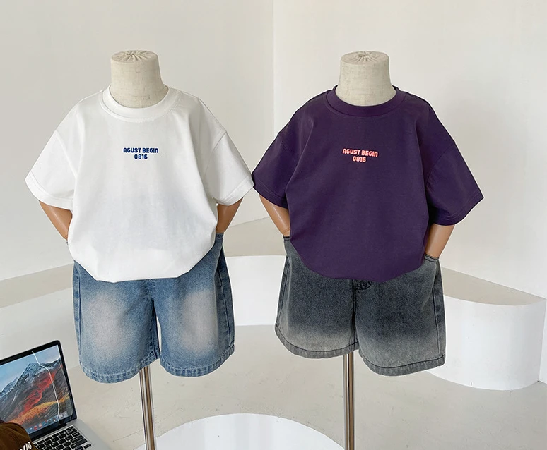 

Childrens T-shirt 2024 Summer New Korean Childrens Letter Printed T-shirt for Boys and Girls Simple and Fashionable Thin T-shirt