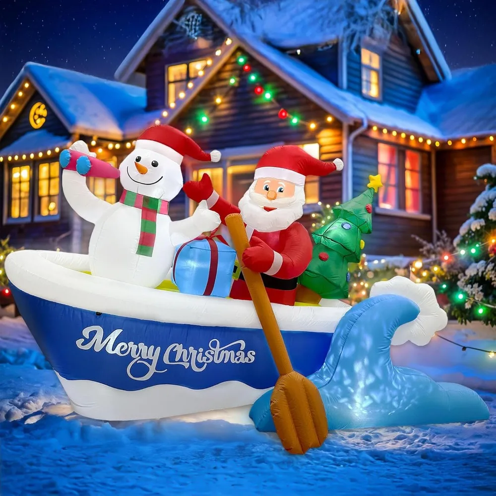 

8FT Christmas Inflatable Outdoor Decoration, Christmas Blow Ups Santa Rowing Boat with Snowman