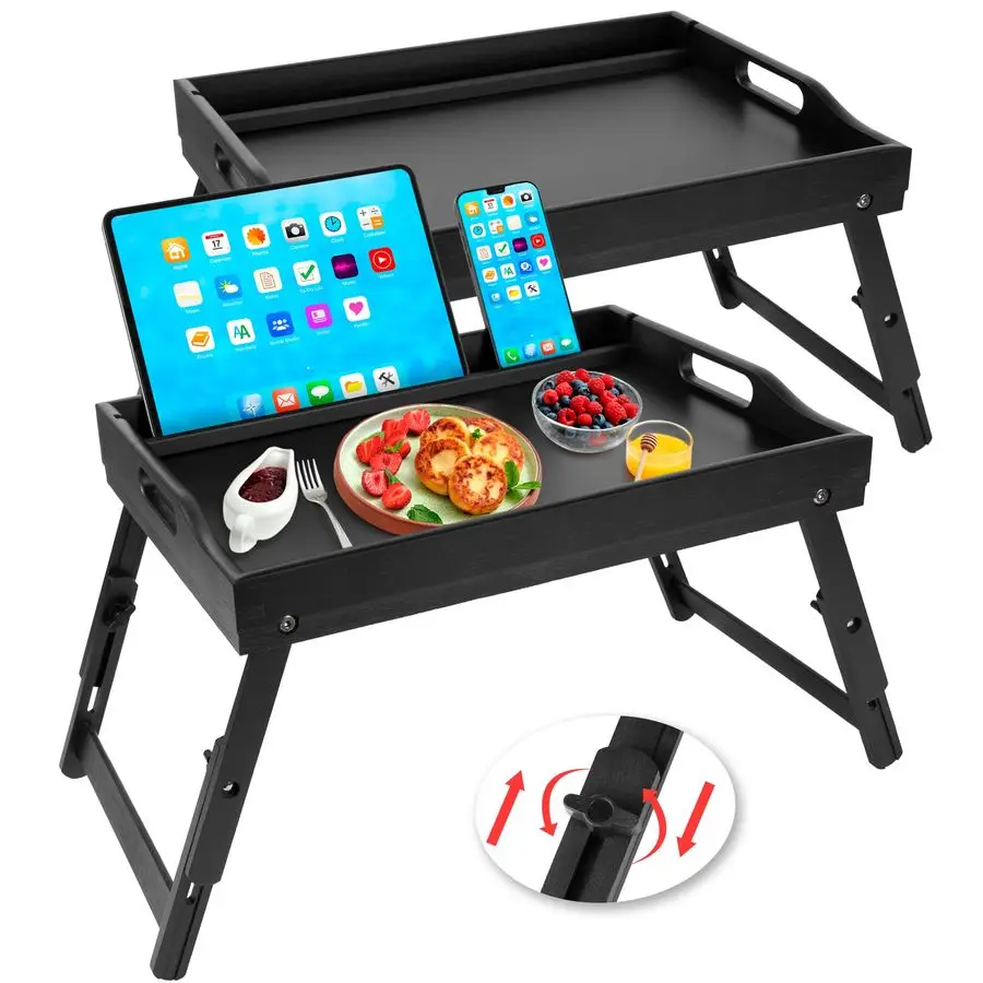 

2 Pack Bed Tray Table with Handles Folding Legs, Bamboo Breakfast Food Tray with Media Slot, Use As Platter, Laptop Desk, Snack,